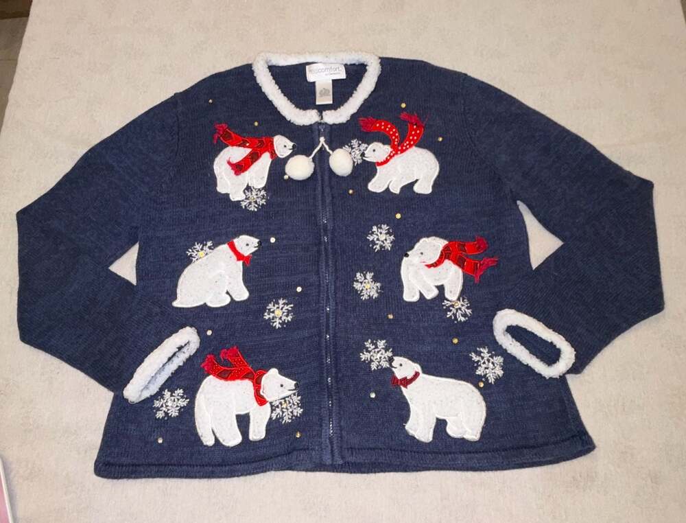 Real Comfort by Chadwick's Polar Bear Christmas Zipper Front Cardigan